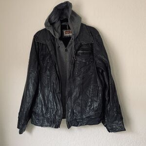 Levis‎ Jacket Men M Faux Leather Black Sherpa Lined Hooded Trucker Grunge FLAWS